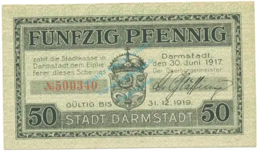 Darmstadt , Notgeld 50 Pfennig Schein unc-kfr. Tieste 1300.15.20 HE 1917 Verkehrsausgabe -4094