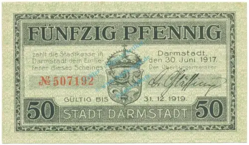 Darmstadt , Notgeld 50 Pfennig Schein unc-kfr. Tieste 1300.15.19 HE 1917 Verkehrsausgabe -4095