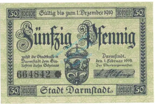 Darmstadt , Notgeld 50 Pfennig Schein unc-kfr. Tieste 1300.15.25 , HE 1919 Verkehrsausgabe -4141