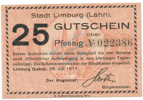 Notgeld Limburg , Einzelschein über 25 Pfennig , Tieste 4100.02 , von 1917 , Hessen Verkehrsausgabe