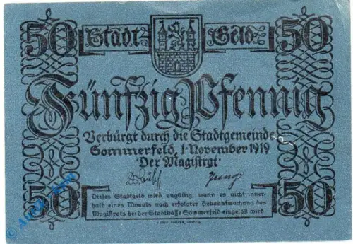 Notgeld Sommerfeld , 50 Pfennig Schein glanz , Tieste 6970.05.10 , von 1919 , Brandenburg Verkehrsausgabe