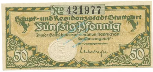 Stuttgart , Notgeld 50 Pfennig Schein unc-kfr. Ti.7220.20.10 WÜR o.D. Verkehrsausgabe -4266