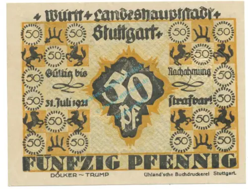 Stuttgart , Notgeld 50 Pfennig Schein unc-kfr. Ti.7220.20.15 WÜR o.D. Verkehrsausgabe -4267