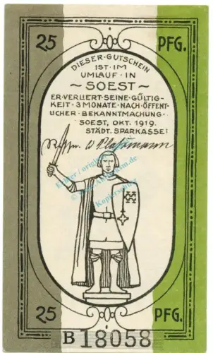 Soest , Notgeld 25 Pfennig -B- unc-kfr. Ti.6940.10.05 NRW 1919 Verkehrsausgabe -4268