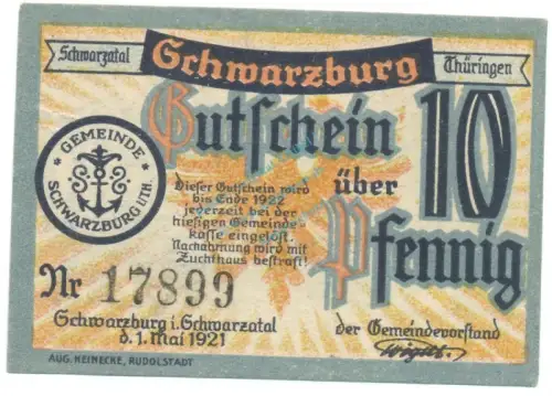 Schwarzburg , Notgeld 10 Pfennig Schein unc-kfr. Ti.6745.05.01 TH 1921 Verkehrsausgabe -4273