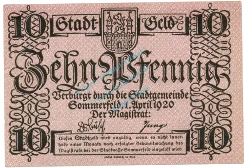 Sommerfeld , Notgeld 10 Pfennig Schein unc-kfr. Ti.6970.05.20 BBG 1920 Verkehrsausgabe -4274