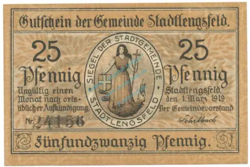 Stadtlengsfeld , Notgeld 25 Pfennig Schein unc-kfr. Ti.7055.05.50-55 TH 1919 Verkehrsausgabe -4275