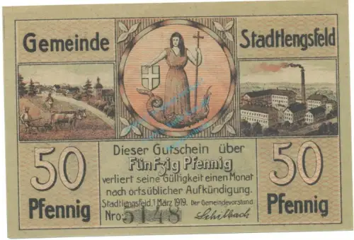 Stadtlengsfeld , Notgeld 50 Pfennig Schein unc-kfr. Ti.7055.05.51-56 TH 1919 Verkehrsausgabe -4276