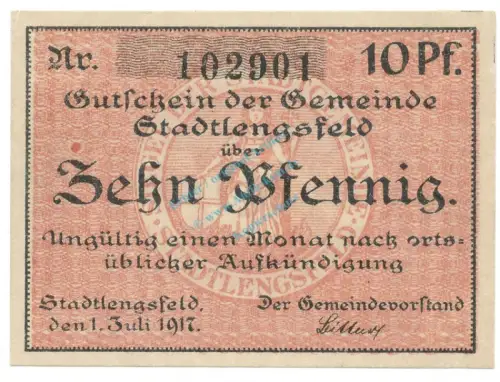 Stadtlengsfeld , Notgeld 10 Pfennig Schein unc-kfr. Ti.7055.05.26 TH 1917 Verkehrsausgabe -4279