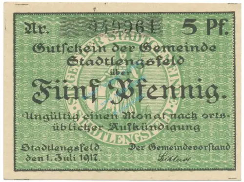 Stadtlengsfeld , Notgeld 5 Pfennig Schein unc-kfr. Ti.7055.05.10 TH 1917 Verkehrsausgabe -4281