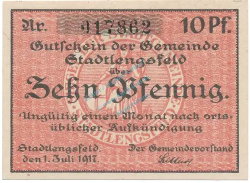 Stadtlengsfeld , Notgeld 10 Pfennig Schein unc-kfr. Ti.7055.05.11 TH 1917 Verkehrsausgabe -4282