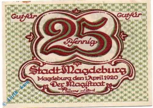 Notgeld Magdeburg , 25 Pfennig Schein , Tieste 4330.40.16 , von 1920 , Sachsen Verkehrsausgabe
