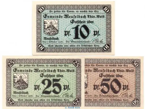 Notgeld Gemeinde Meuselbach , Set mit 3 Scheinen in kfr. Tieste 4520.05.01-03 von 1920 , Thüringen Verkehrsausgabe