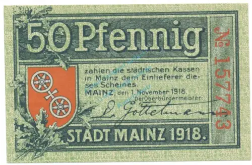 Mainz , Notgeld 50 Pfennig Schein unc-kfr. Ti.4350.15.05 , HE 1918 Verkehrsausgabe -4178