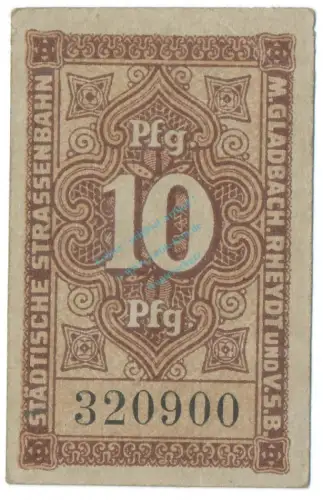 München-Gladbach , Notgeld 10 Pfennig Schein unc-kfr. Ti.4715.05.01 , RHL o.D. Verkehrsausgabe -4179