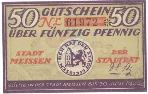 Meissen , Notgeld 50 Pfennig Schein unc-kfr. Ti.4470.05.15 , S o.D. Verkehrsausgabe -4181