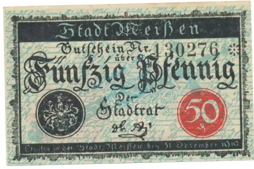 Meissen , Notgeld 50 Pfennig Schein unc-kfr. Ti.4470.05.05 , S o.D. Verkehrsausgabe -4182