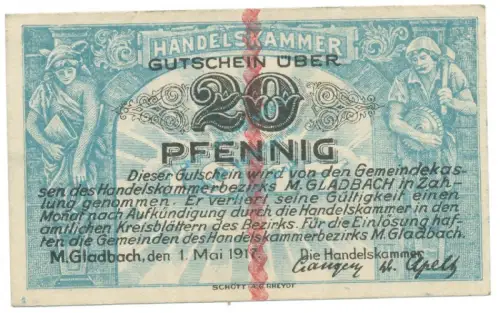 München Gladbach , Notgeld 20 Pfennig Schein unc-kfr. Ti.4710.05.01 , RHL 1917 Verkehrsausgabe -4183