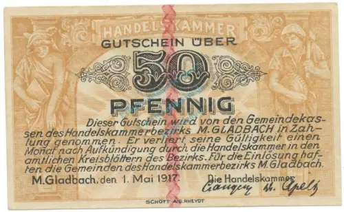 München Gladbach , Notgeld 50 Pfennig Schein unc-kfr. Ti.4710.05.02 , RHL 1917 Verkehrsausgabe -4184