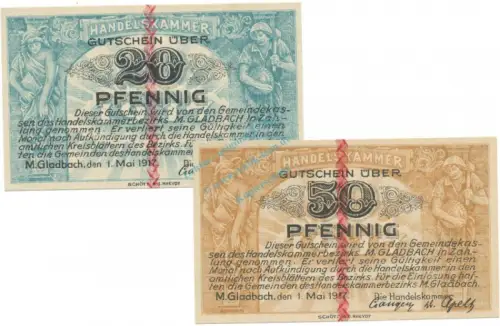 München Gladbach , Notgeld Set 2 Scheine unc-kfr. Ti.4710.05.01-2 , RHL 1917 Verkehrsausgabe -4185