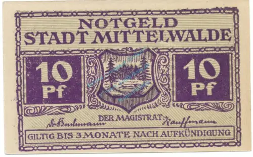 Mittelwalde , Notgeld 10 Pfennig Schein unc-kfr. Ti.4585.095.01 , SLN o.D. Verkehrsausgabe -4187