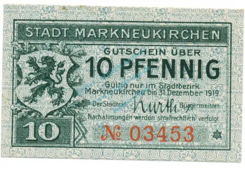 Markneukirchen , Notgeld 10 Pfennig Schein unc-kfr. Ti.4400.05.05 , S o.D. Verkehrsausgabe -4191