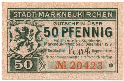 Markneukirchen , Notgeld 50 Pfennig Schein unc-kfr. Ti.4400.05.07 , S o.D. Verkehrsausgabe -4192