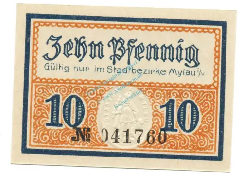 Mylau , Notgeld 10 Pfennig Schein unc-kfr. Ti.4730.05.15 , S o.D. Verkehrsausgabe -4195