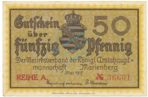 Marienberg , Notgeld 50 Pfennig Schein unc-kfr. Ti.4370.05.03 , S 1917 Verkehrsausgabe -4197