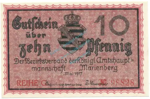 Marienberg , Notgeld 10 Pfennig Schein unc-kfr. Ti.4370.05.05 , S 1917 Verkehrsausgabe -4198
