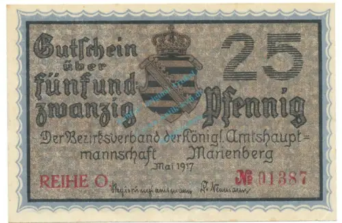Marienberg , Notgeld 25 Pfennig Schein unc-kfr. Ti.4370.05.06 , S 1917 Verkehrsausgabe -4199