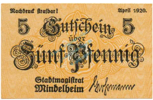 Mindelheim , Notgeld 5 Pfennig Schein unc-kfr. Ti.4570.05.20 , Bay 1920 Verkehrsausgabe -4200