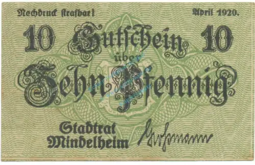 Mindelheim , Notgeld 10 Pfennig Schein unc-kfr. Ti.4570.05.26 , Bay 1920 Verkehrsausgabe -4201
