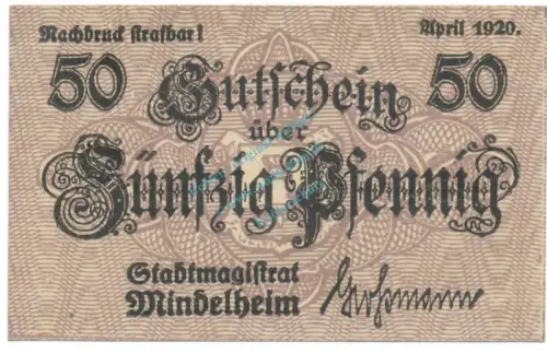 Mindelheim , Notgeld 50 Pfennig Schein unc-kfr. Ti.4570.05.22 , Bay 1920 Verkehrsausgabe -4202