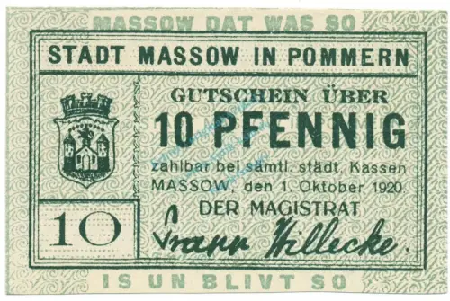 Massow , Notgeld 10 Pfennig Schein unc-kfr. Ti.4435.05.01 , POM 1920 Verkehrsausgabe -4203