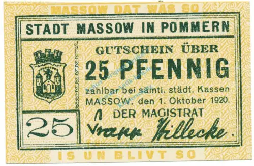 Massow , Notgeld 25 Pfennig Schein unc-kfr. Ti.4435.05.02 , POM 1920 Verkehrsausgabe -4204
