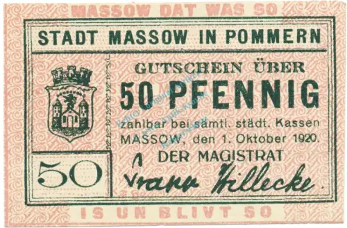 Massow , Notgeld 50 Pfennig Schein unc-kfr. Ti.4435.05.03 , POM 1920 Verkehrsausgabe -4205