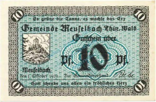 Meuselbach , Notgeld 10 Pfennig Schein unc-kfr. Ti.4520.05.01 , TH 1920 Verkehrsausgabe -4207