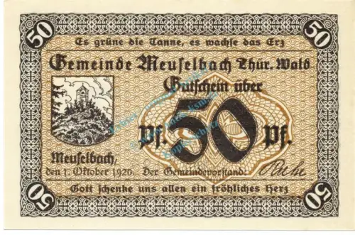 Meuselbach , Notgeld 50 Pfennig Schein unc-kfr. Ti.4520.05.03 , TH 1920 Verkehrsausgabe -4209