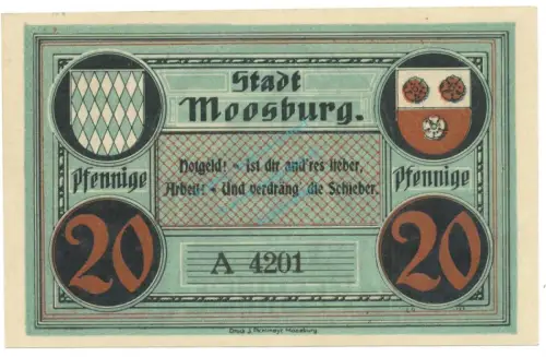Moosburg , Notgeld 20 Pfennig Schein unc-kfr. Ti.4635.05.05 , BAY o.D. Verkehrsausgabe -4211