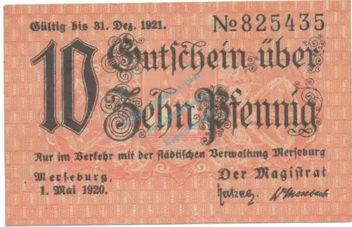 Merseburg , Notgeld 10 Pfennig Schein unc-kfr. Ti.4505.15.20 , SA 1920 Verkehrsausgabe -4212