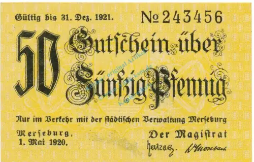 Merseburg , Notgeld 50 Pfennig Schein unc-kfr. Ti.4505.15.22 , SA 1920 Verkehrsausgabe -4213