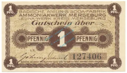 Merseburg , Notgeld 1 Pfennig Schein unc-kfr. Ti.4505.05.01 , SA 1920 Verkehrsausgabe -4214
