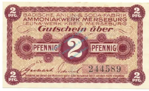 Merseburg , Notgeld 2 Pfennig Schein unc-kfr. Ti.4505.05.02 , SA 1920 Verkehrsausgabe -4215