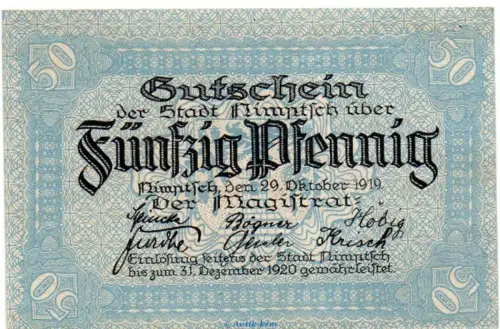 Notgeld Stadt Nimptsch 5135.10.04 , 50 Pfennig Schein in kfr. von 1919 , Schlesien Verkehrsausgabe