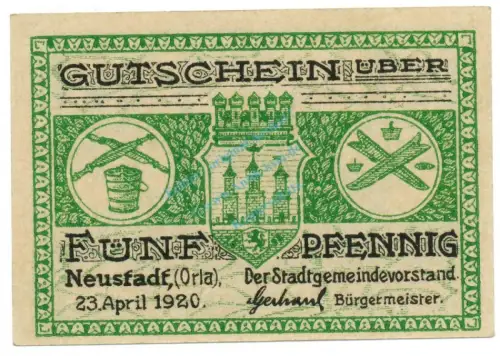 Neustadt , Notgeld 5 Pfennig Schein unc-kfr. Ti.4965.05.20 , TH 1920 Verkehrsausgabe -4170