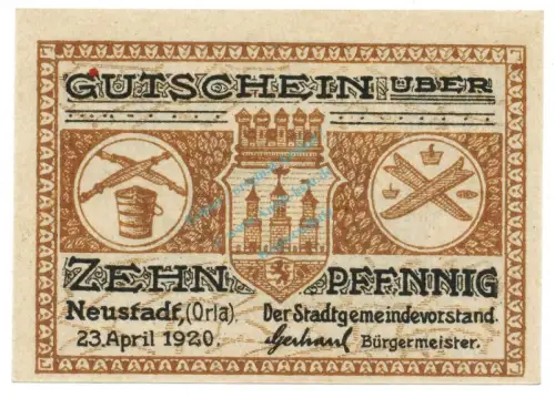 Neustadt , Notgeld 10 Pfennig Schein unc-kfr. Ti.4965.05.21 , TH 1920 Verkehrsausgabe -4171