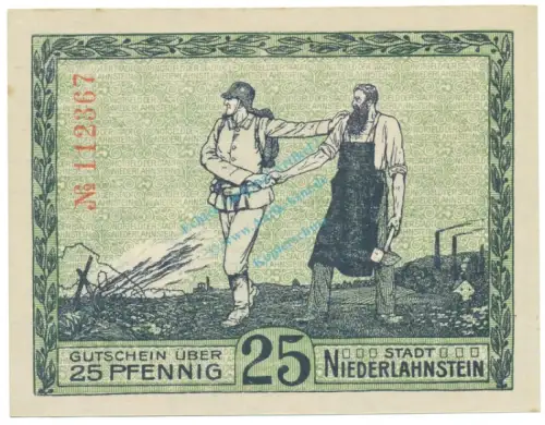 Niederlahnstein , Notgeld 25 Pfennig Schein unc-kfr. Ti.5050.05.05 , HE 1917 Verkehrsausgabe -4173