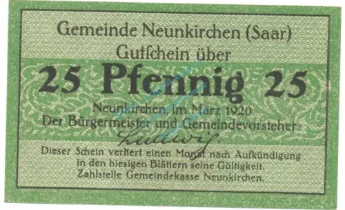 Neunkirchen , Notgeld 25 Pfennig Schein unc-kfr. Ti.4910.05.06 , RHL 1920 Verkehrsausgabe -4174