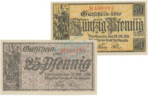 Nordhausen , Notgeld Set 2 Scheine unc-kfr. Ti.5175.05.35-36 , TH 1919 Verkehrsausgabe -4175